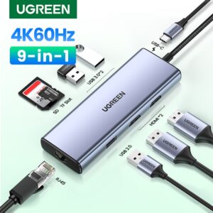 UGREEN 90119 USB-C 9-IN-1 3XUSB, 2XHDMI + RJ45, SD.TF + PD ADAPTER