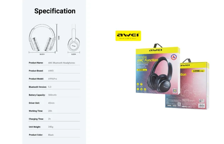 Awei A996 Pro ANC Wireless Bluetooth Foldable Adjustable Headphone - Image 2