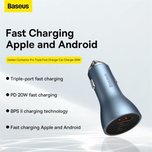 Baseus 65W Golden Contactor Pro Triple Fast Charging Car Charger USB + Dual Type C Port Dark Gray - Image 2