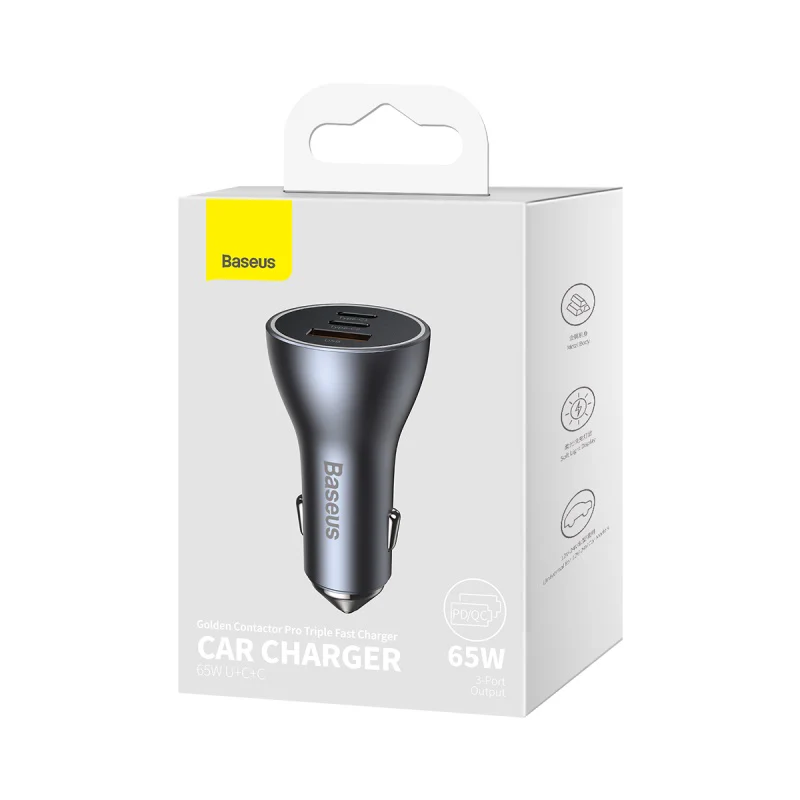 Baseus 65W Golden Contactor Pro Triple Fast Charging Car Charger USB + Dual Type C Port Dark Gray - Image 5