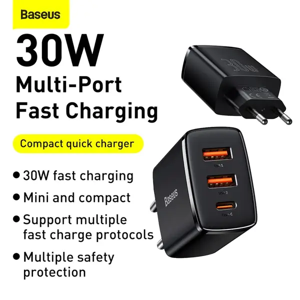Baseus Compact Quick Charger 2U+C 30W EU Black - Image 2