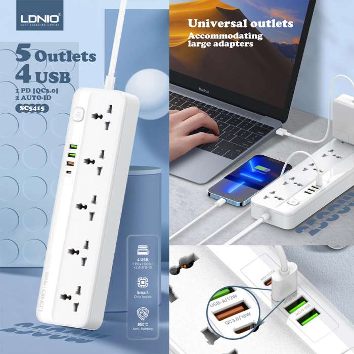 LDNIO SC5415 Power Strip 2500W 5 Outlets PD 20W QC 3.0 4 USB - Image 4