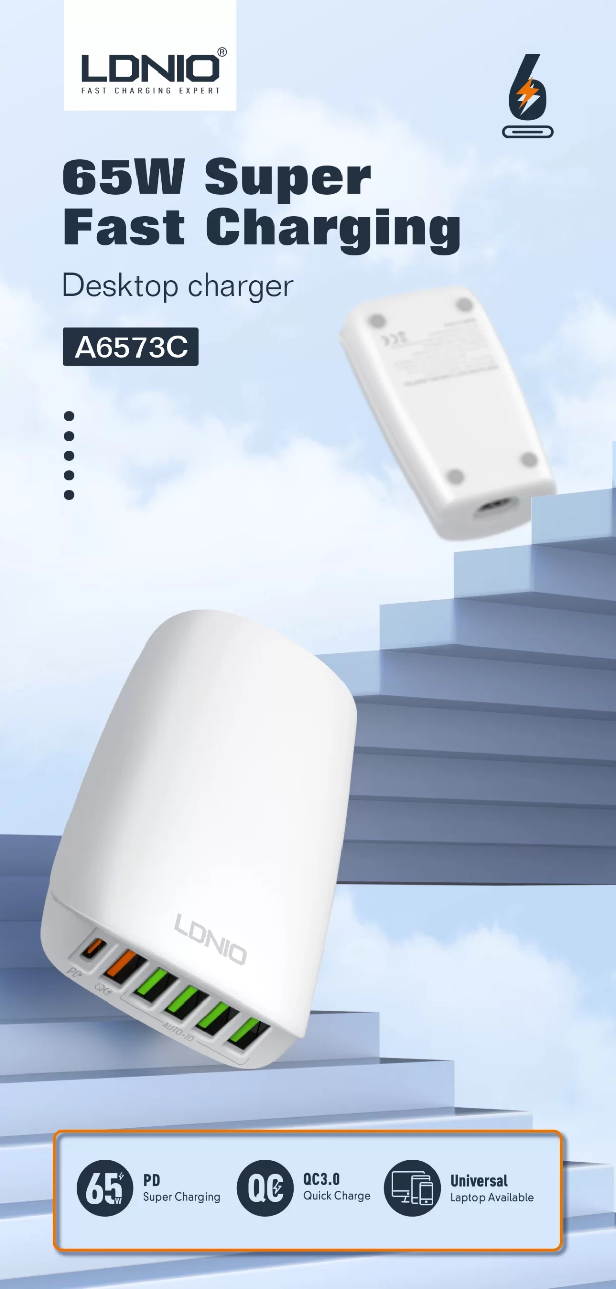 LDNIO A6573C 65W GaN Desktop Charger Multi-Port USB-C - Image 4