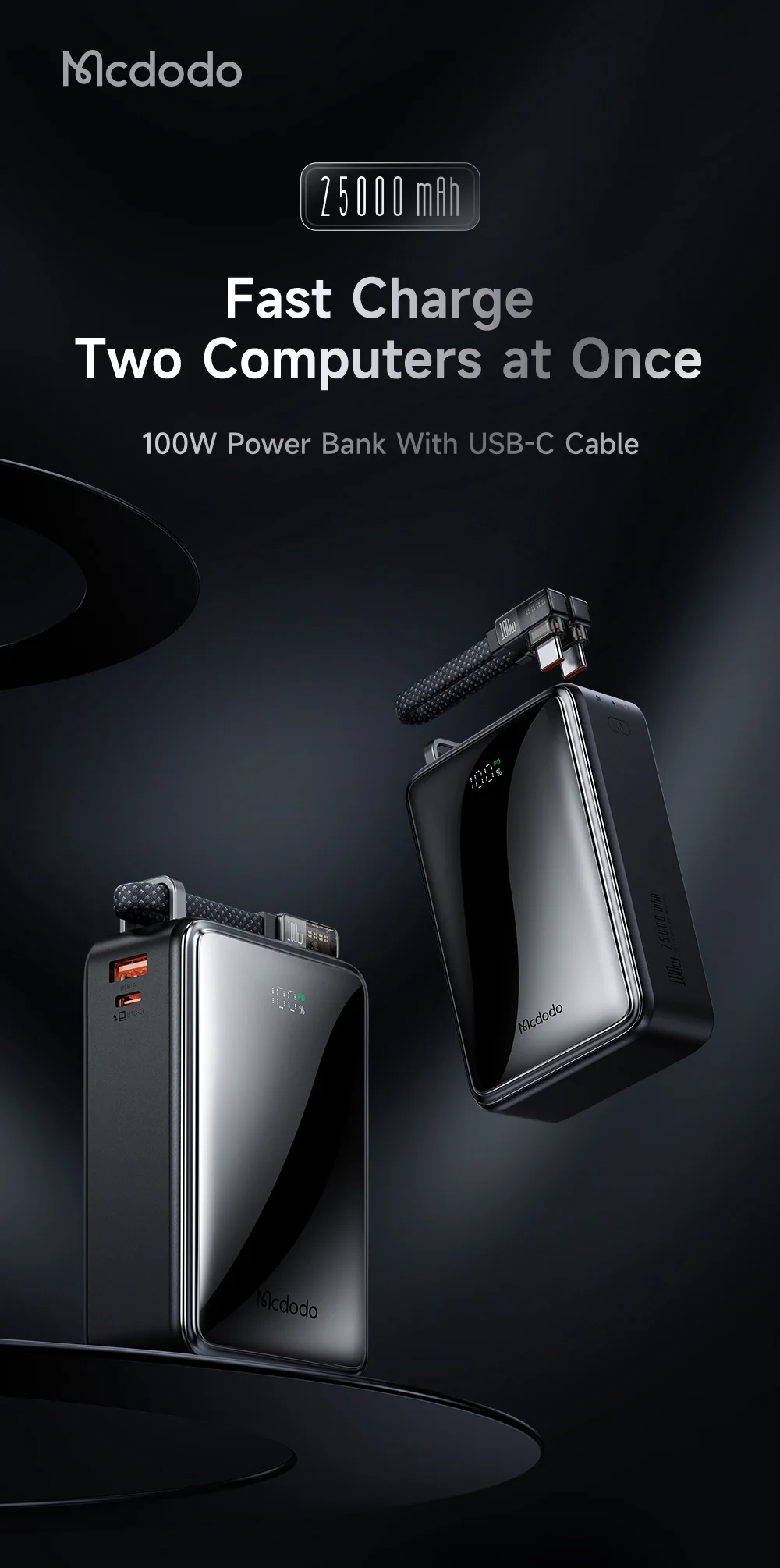 Mcdodo MC-0561 100W Digital Display 25000mAh 2C+1A Power Bank Built-in Cable - Image 3