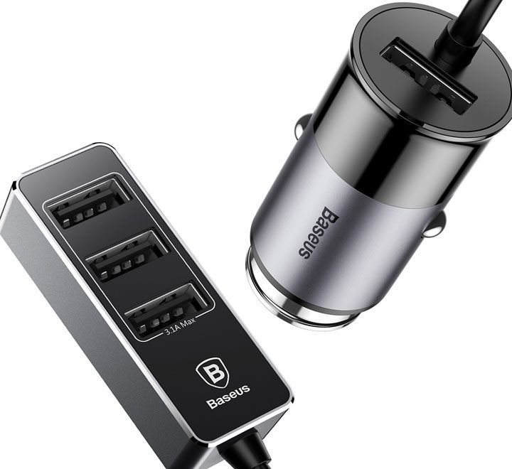 Baseus Enjoy Together Car Charger With 4 USB Ports Extension Max Current 5.5A Aluminum + TPE For Mobile Tablet Charging, Traveling