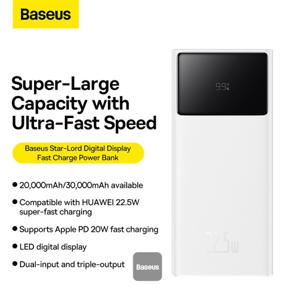 Baseus Star-Lord Digital Display Fast Charge Power Bank 30000mAh 22.5W White