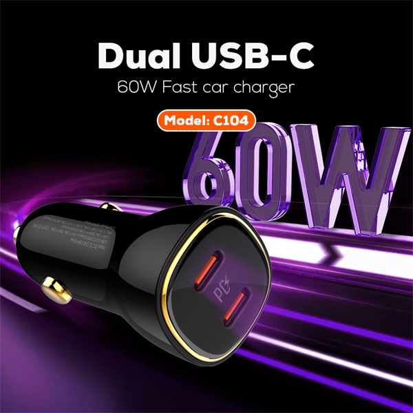 LDNIO C104 60W Dual USB-C Car Charger Super Fast PD Charging